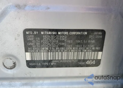2017 Mitsubishi Outlander Se from USA, damaged, VIN JA4AZ3A30HZ027527